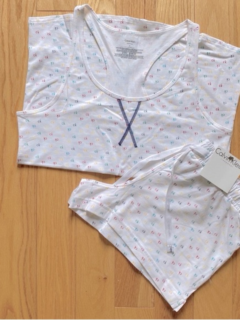 Calvin Klein White Tank & Shorts Pajama Set with Multicolor Logo Dots